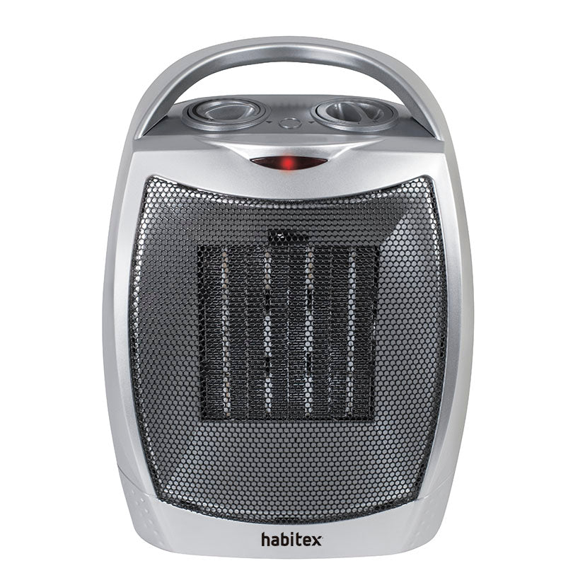 Vista frontal del calefactor Habitex E312 mostrando el termostato y selector de potencia