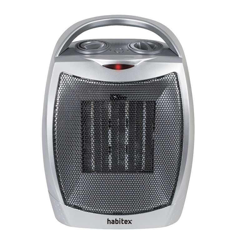 Vista frontal del calefactor Habitex E312 mostrando el termostato y selector de potencia