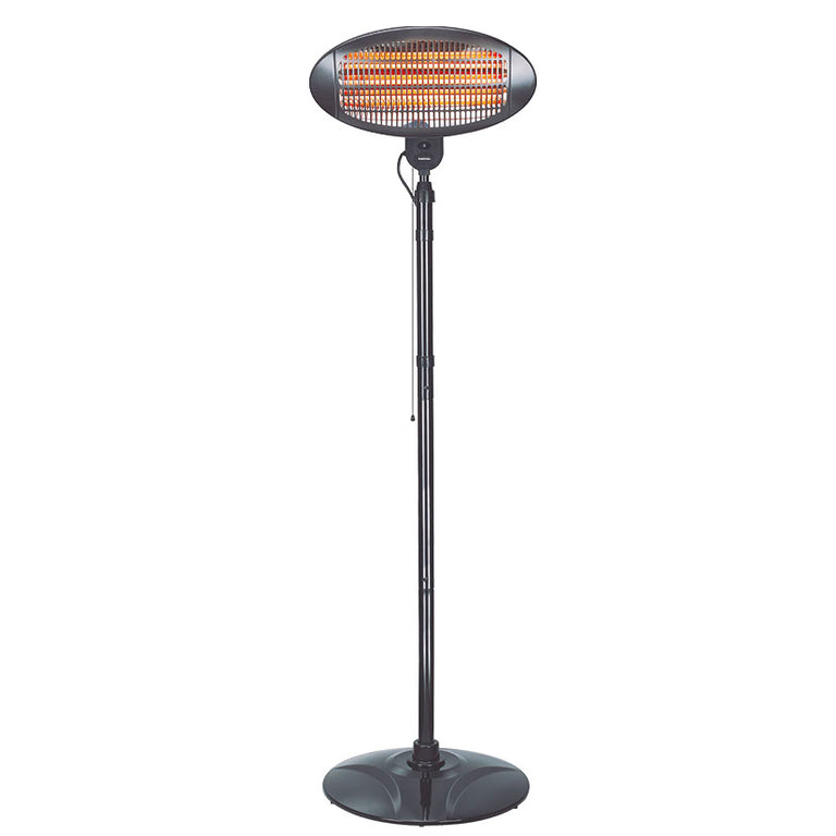 Estufa eléctrica de exterior Habitex E353 de pie con tres barras de cuarzo encendidas y altura regulable.