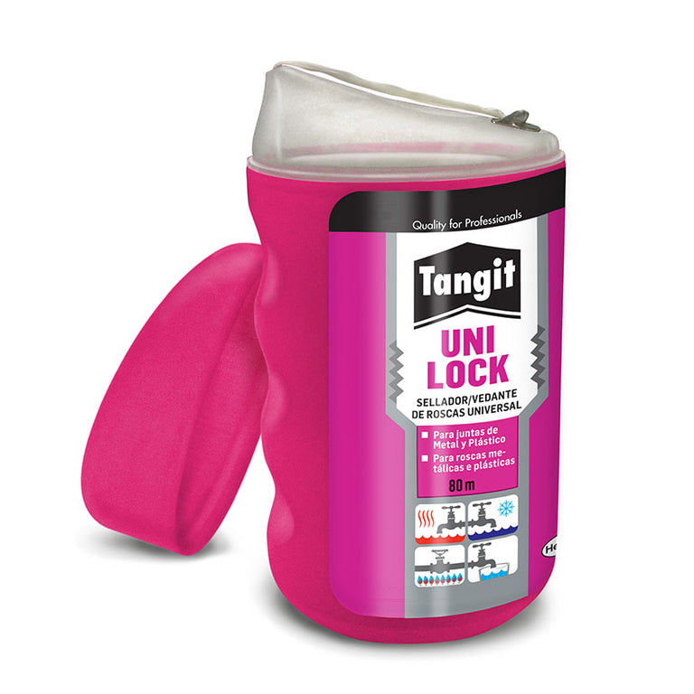 Envase rosa de Tangit Uni-Lock sellador de roscas universal de 80 metros con cortador integrado