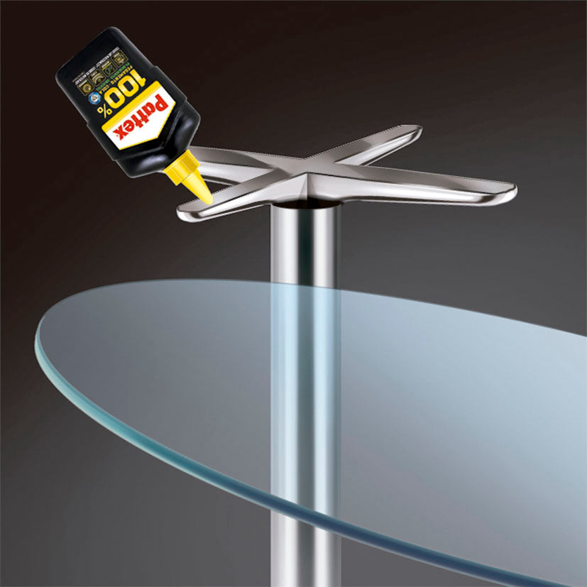 Pegado de precisión con Pattex 100% uniendo una base metálica con un sobre de cristal