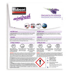 Reverso del envase Rubson Minifresh con instrucciones de uso, precauciones y diagramas de aplicación.