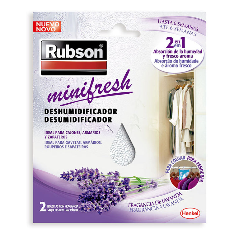 Rubson Minifresh deshumidificador 2 en 1 aroma lavanda, pack de 2 bolsas para armarios y cajones.