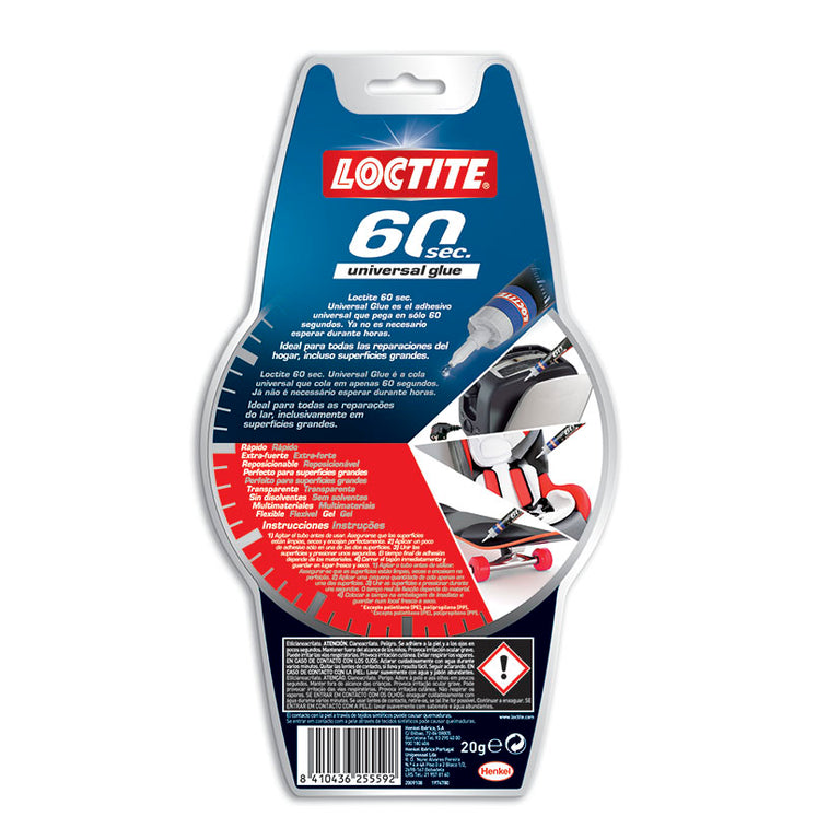 Reverso del envase de Loctite 60 segundos con instrucciones de uso y precauciones