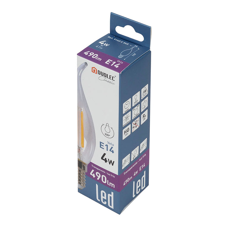Embalaje de bombilla LED vela E14 DUOLEC 4W luz fría 490 lúmenes