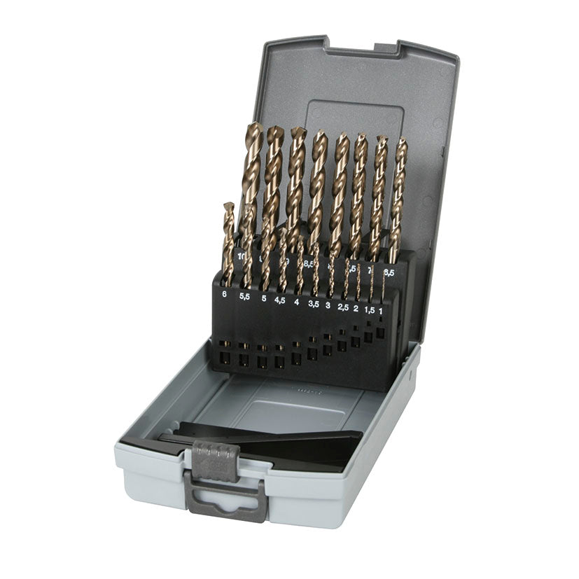 Estuche de 19 brocas para metal RATIO fabricadas en acero al cobalto HSS-CO con medidas de 1 a 10 mm.