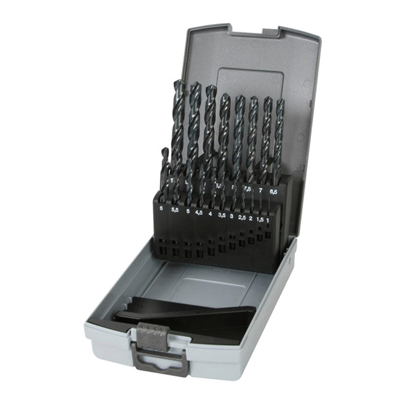 Estuche abierto con 19 brocas para metal HSS RATIO ordenadas por tamaño de 1 a 10 mm en caja de plástico gris