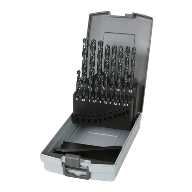Estuche abierto con 19 brocas para metal HSS RATIO ordenadas por tamaño de 1 a 10 mm en caja de plástico gris
