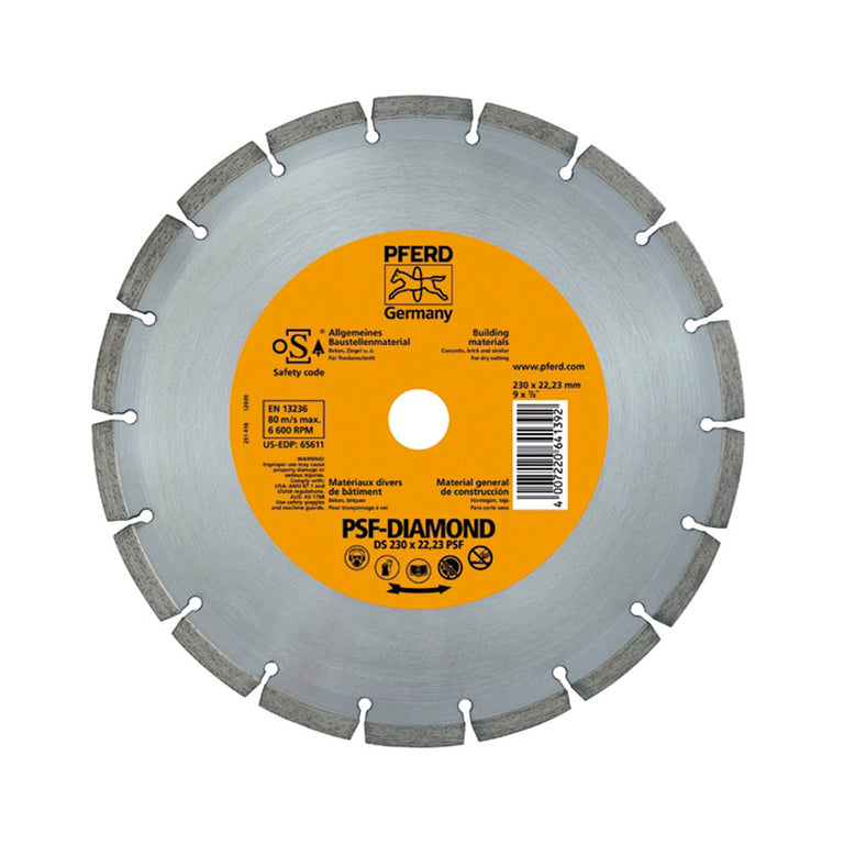 Disco de diamante PFERD PSF-DIAMOND segmentado de 230mm para materiales de construcción y hormigón.