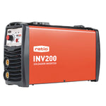 Soldador inverter RATIO INV200 color naranja con panel de control analógico y correa de transporte superior.