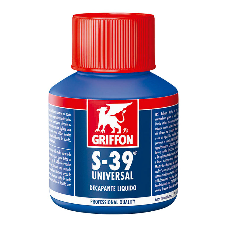 Decapante líquido Griffon S-39 Universal de 80 ml para soldadura blanda en frasco azul con tapón rojo y pincel aplicador