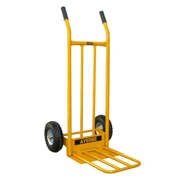 Carretilla de almacén Ayerbe AY-350 CN amarilla con ruedas neumáticas y plataforma extensible capacidad 350kg