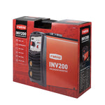 Embalaje original del soldador RATIO INV200 con iconos de funciones Hot-Start, Anti-Stick y Arc-Force.
