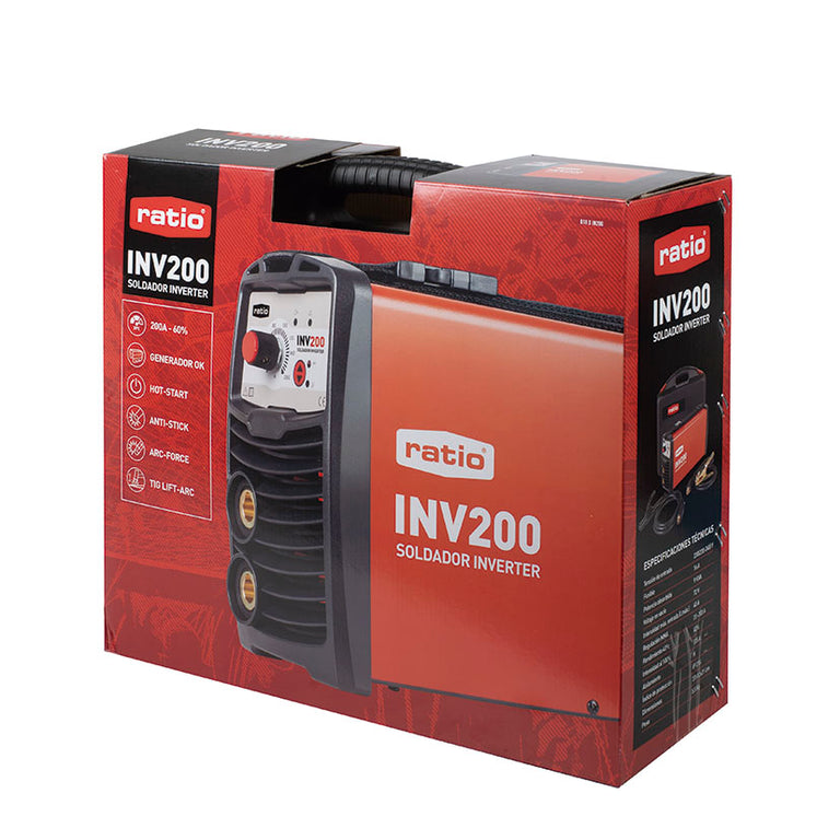 Embalaje original del soldador RATIO INV200 con iconos de funciones Hot-Start, Anti-Stick y Arc-Force.