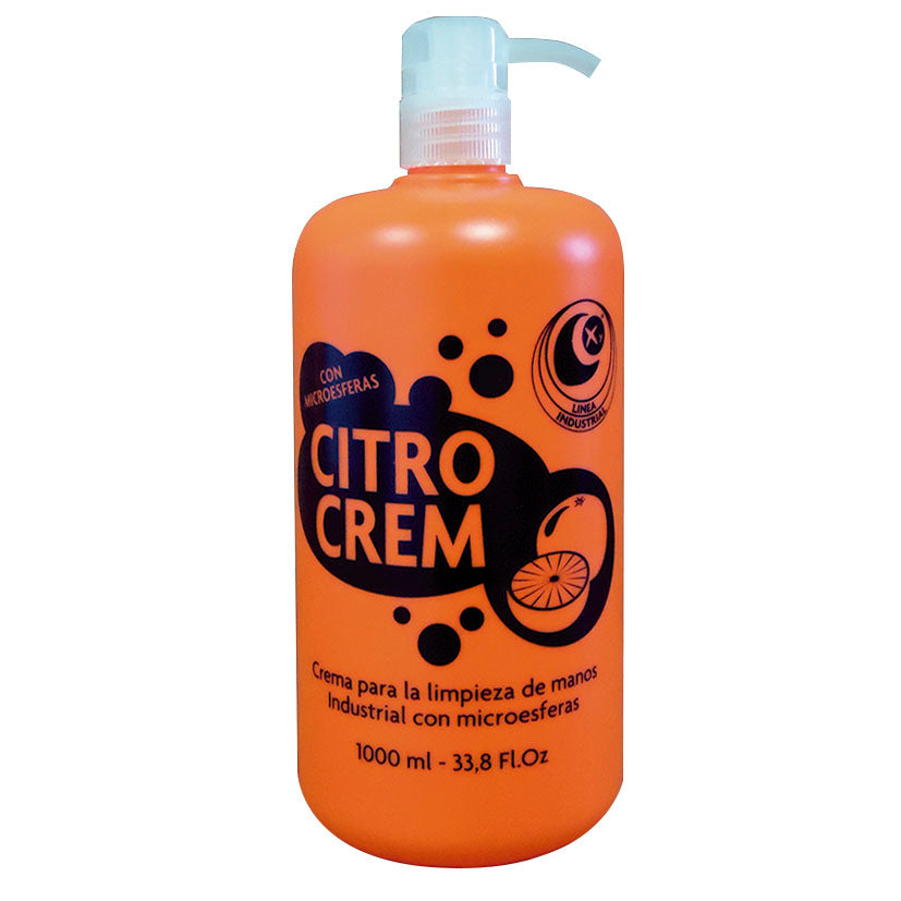 Botella de 1 litro de jabón de manos profesional Citro Crem con microesferas y cabezal dosificador.
