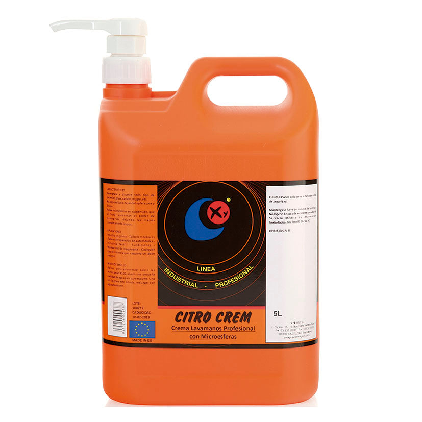Garrafa naranja de 5 litros de crema lavamanos industrial Citro Crem con bomba dosificadora blanca.