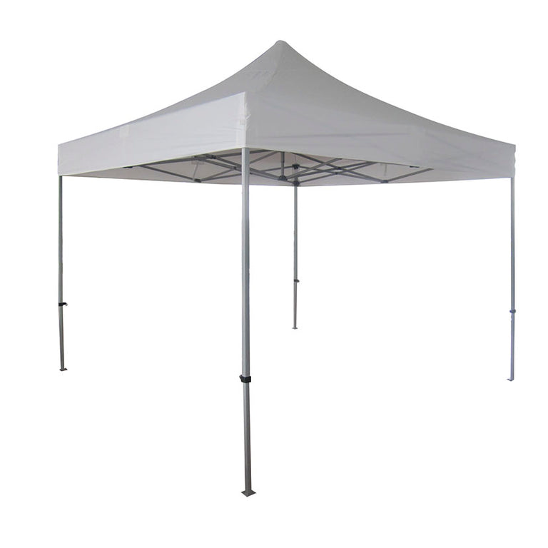 Carpa plegable blanca de 3x3 metros con estructura de acero y altura extra de 3.20 metros para eventos.