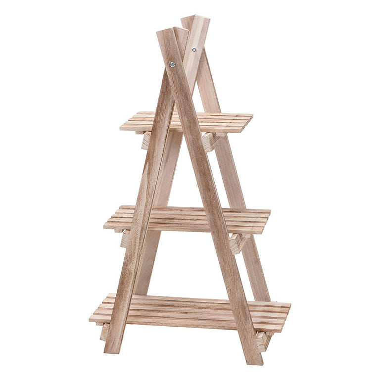 Estantería de madera natural para plantas con tres niveles y diseño de escalera en forma de A