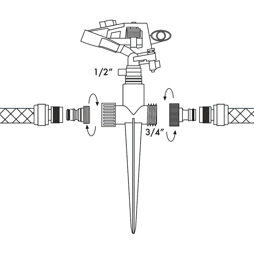 Esquema técnico de instalación del aspersor con pincho de doble salida para mangueras de 1/2 y 3/4 pulgadas.