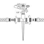 Esquema técnico de instalación del aspersor con pincho de doble salida para mangueras de 1/2 y 3/4 pulgadas.