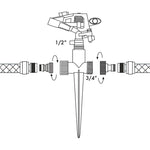 Esquema técnico de instalación del aspersor con pincho de doble salida para mangueras de 1/2 y 3/4 pulgadas.