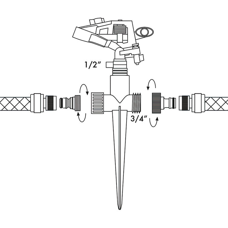 Esquema técnico de instalación del aspersor con pincho de doble salida para mangueras de 1/2 y 3/4 pulgadas.