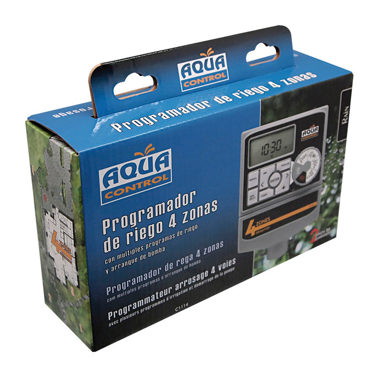 Caja del programador de riego 4 zonas Aqua Control Access 2017 con especificaciones técnicas visibles.