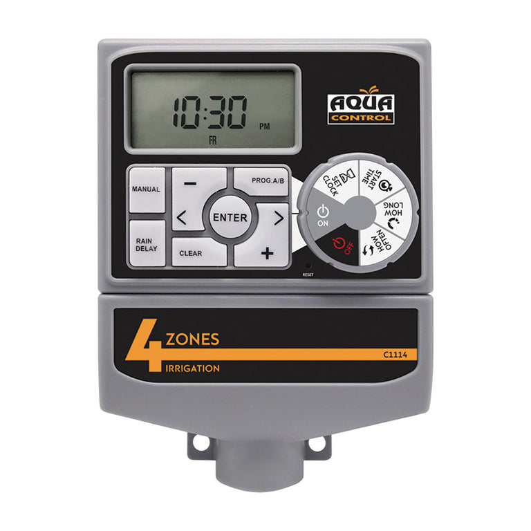 Programador de riego Aqua Control C1114 con pantalla LCD y dial de 4 zonas para riego enterrado.