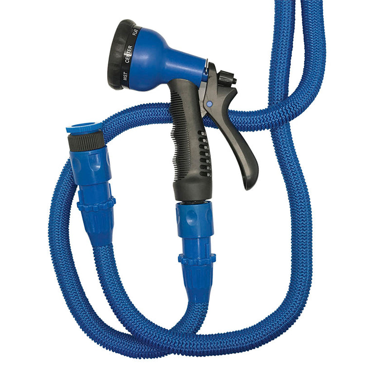 Pistola de riego ergonómica con 8 funciones de pulverización y sistema de conexión rápida para manguera.