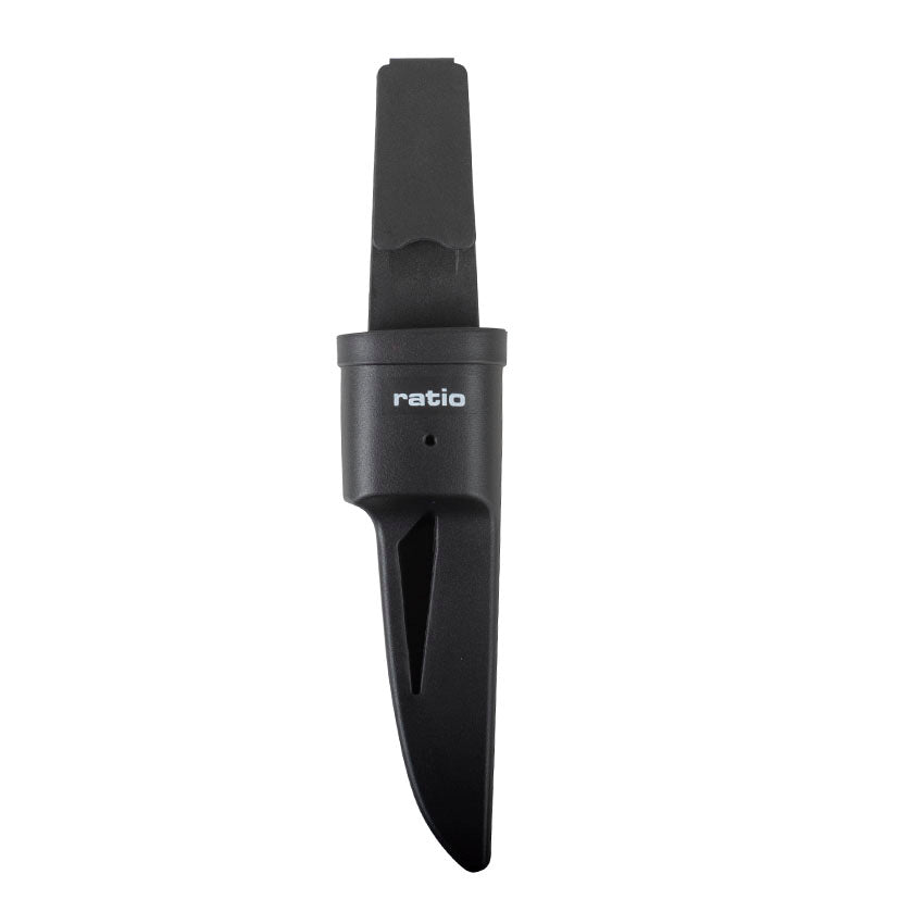 Funda protectora negra de polipropileno para cuchillo RATIO con sistema de sujeción integrado.