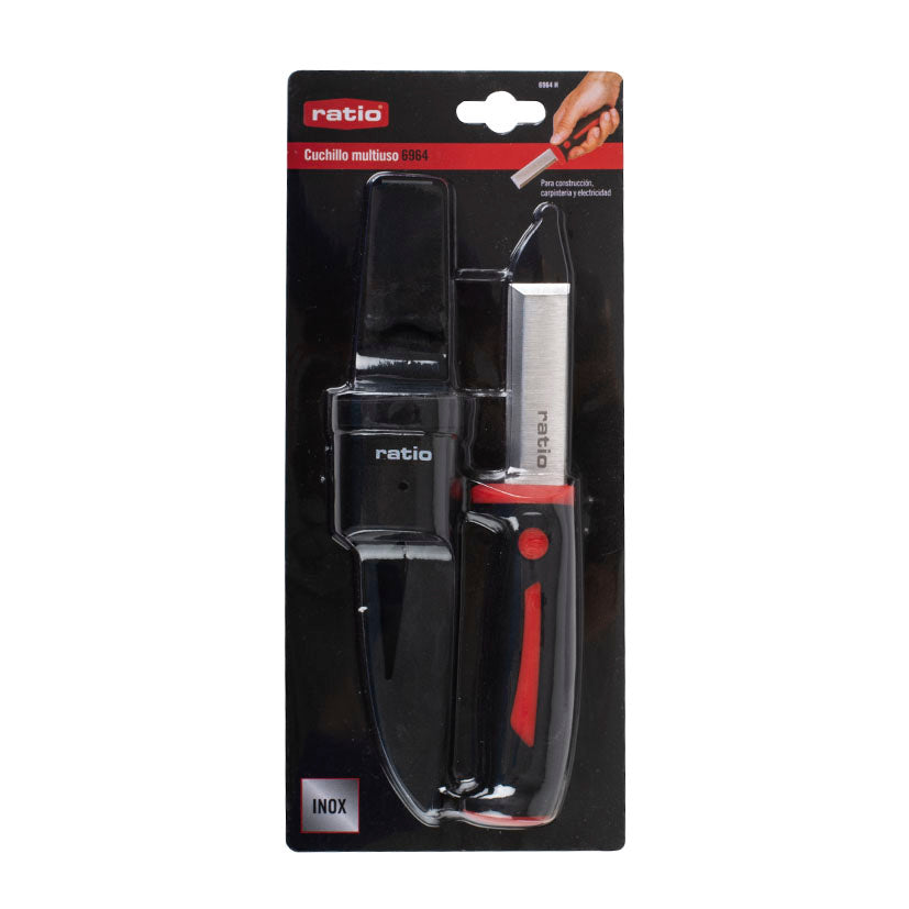 Embalaje original del cuchillo multiusos RATIO 6964 con especificaciones técnicas visibles.