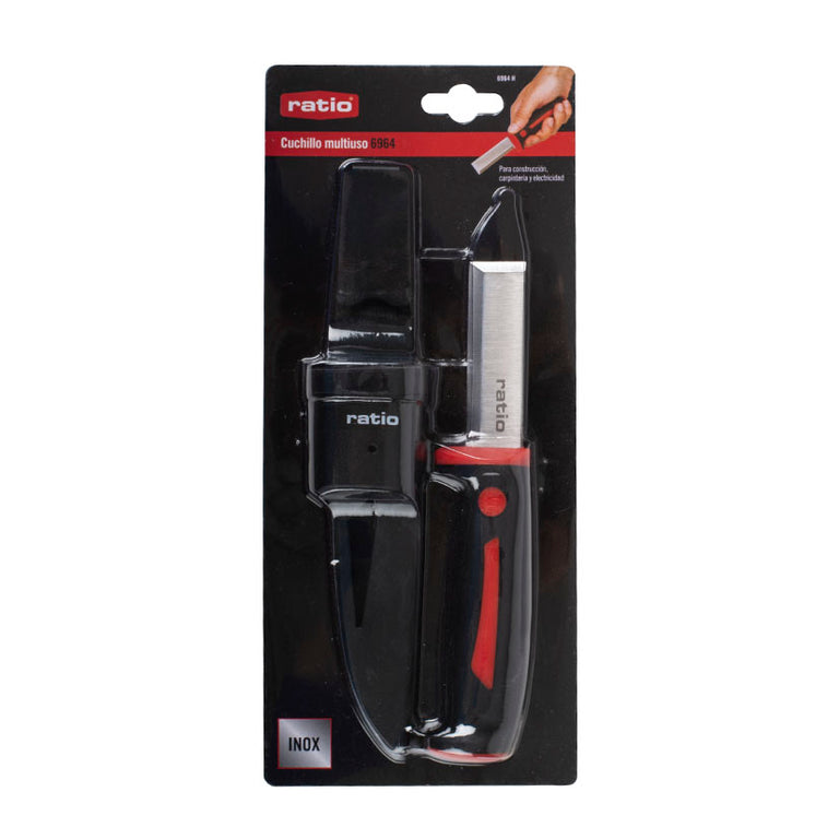 Embalaje original del cuchillo multiusos RATIO 6964 con especificaciones técnicas visibles.