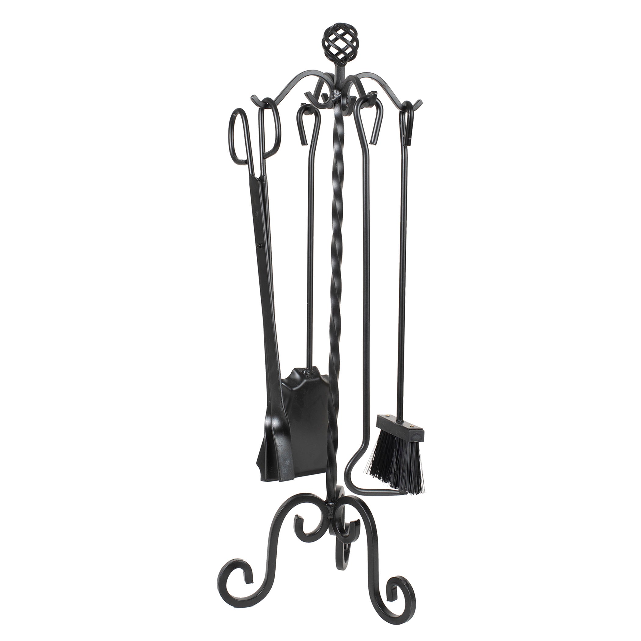 Set de 4 herramientas para chimenea modelo Gaudí con soporte de hierro forjado y detalles en espiral.