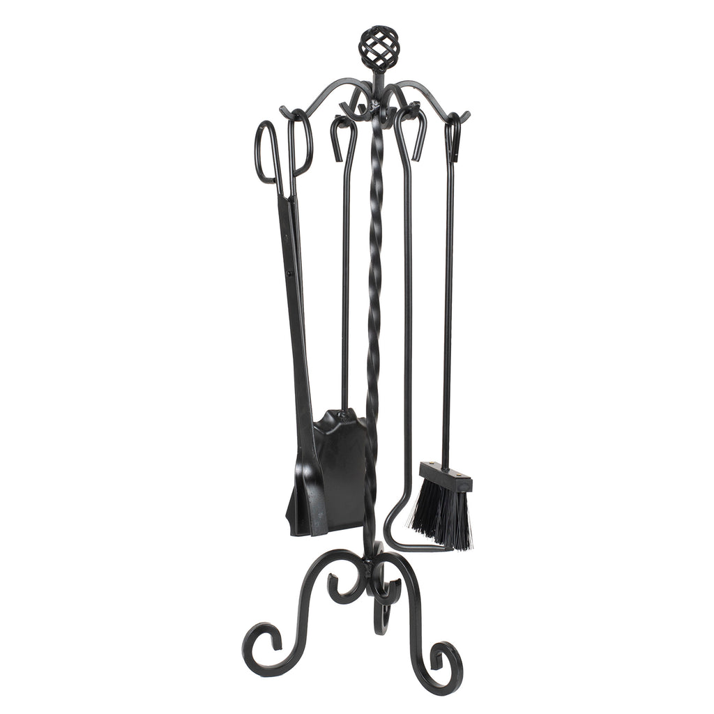 Set de 4 herramientas para chimenea modelo Gaudí con soporte de hierro forjado y detalles en espiral.