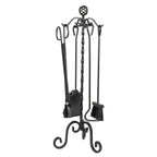 Set de 4 herramientas para chimenea modelo Gaudí con soporte de hierro forjado y detalles en espiral.
