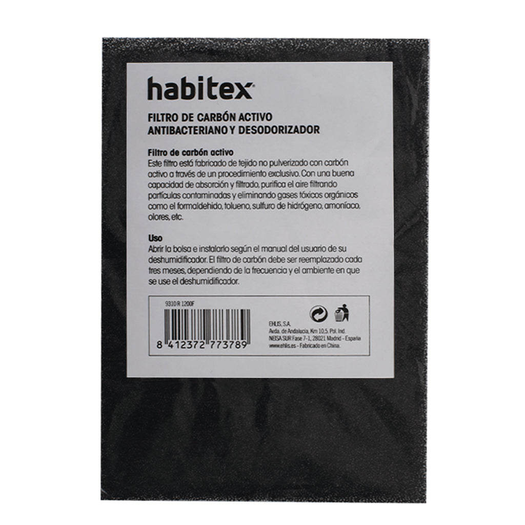 Filtro de carbón activo Habitex H1200 antibacteriano y desodorizador, vista frontal del envase con especificaciones.