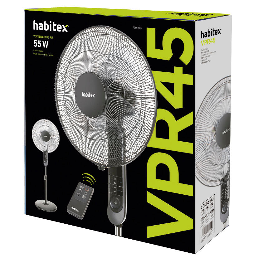 Caja del ventilador Habitex VPR45 con especificaciones técnicas de 55W y modos de aire