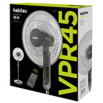 Caja del ventilador Habitex VPR45 con especificaciones técnicas de 55W y modos de aire