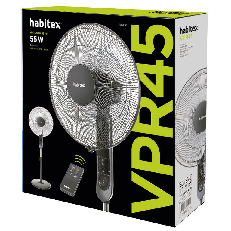 Caja del ventilador Habitex VPR45 con especificaciones técnicas de 55W y modos de aire