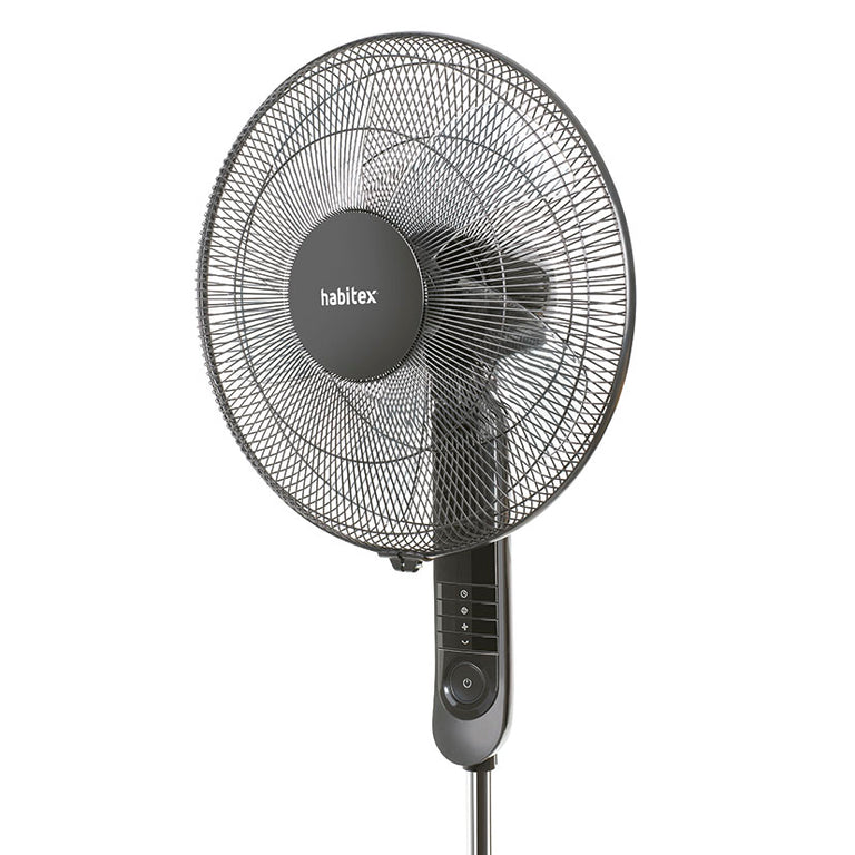 Detalle del cabezal de 45 cm y panel de control frontal del ventilador Habitex VPR45