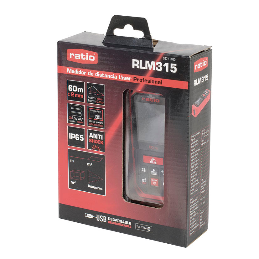 Caja de presentación del medidor láser profesional RATIO RLM315 con iconos de especificaciones IP65 y 60m.