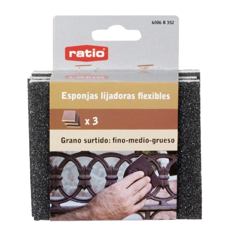 Pack de 3 esponjas lijadoras flexibles RATIO con granos surtidos fino, medio y grueso para restauración y bricolaje.