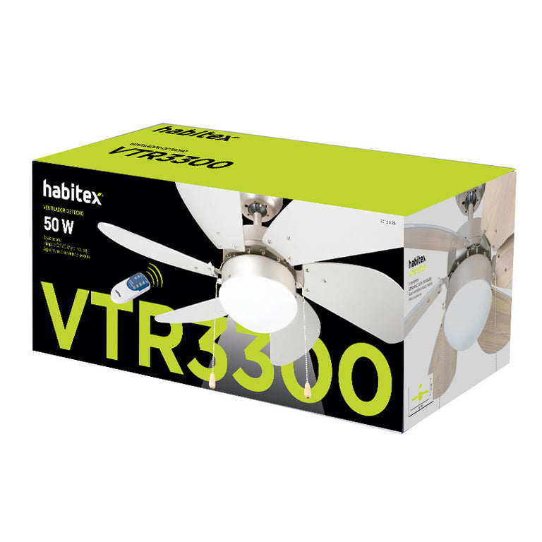 Caja de embalaje del ventilador de techo Habitex VTR3300 con especificaciones técnicas de 50W.