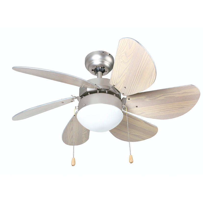 Ventilador de techo Habitex VTR3300 con aspas acabado madera y luz central blanca.