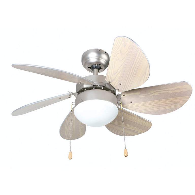 Ventilador de techo Habitex VTR3300 con aspas acabado madera y luz central blanca.