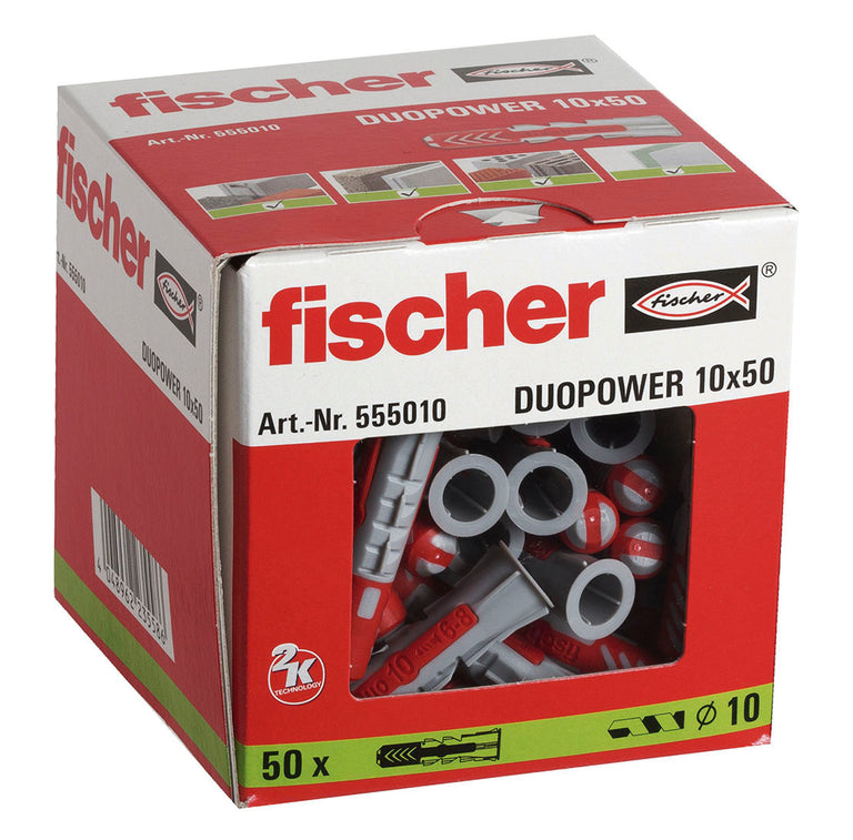 Caja de 50 unidades de tacos Fischer Duopower medida 10x50 mm para construcción