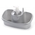 Organizador de fregadero gris con dosificador de jabón, compartimentos para estropajos y soporte para anillos.