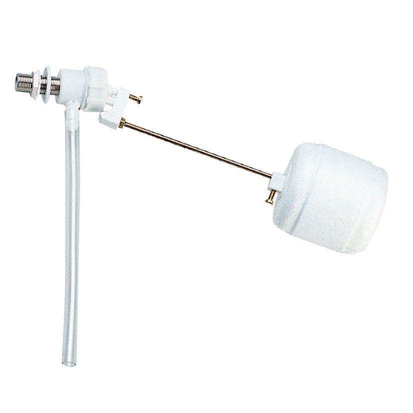 Grifo de llenado lateral Fominaya GL1 con conexión de latón de 3/8 pulgadas y boya blanca.