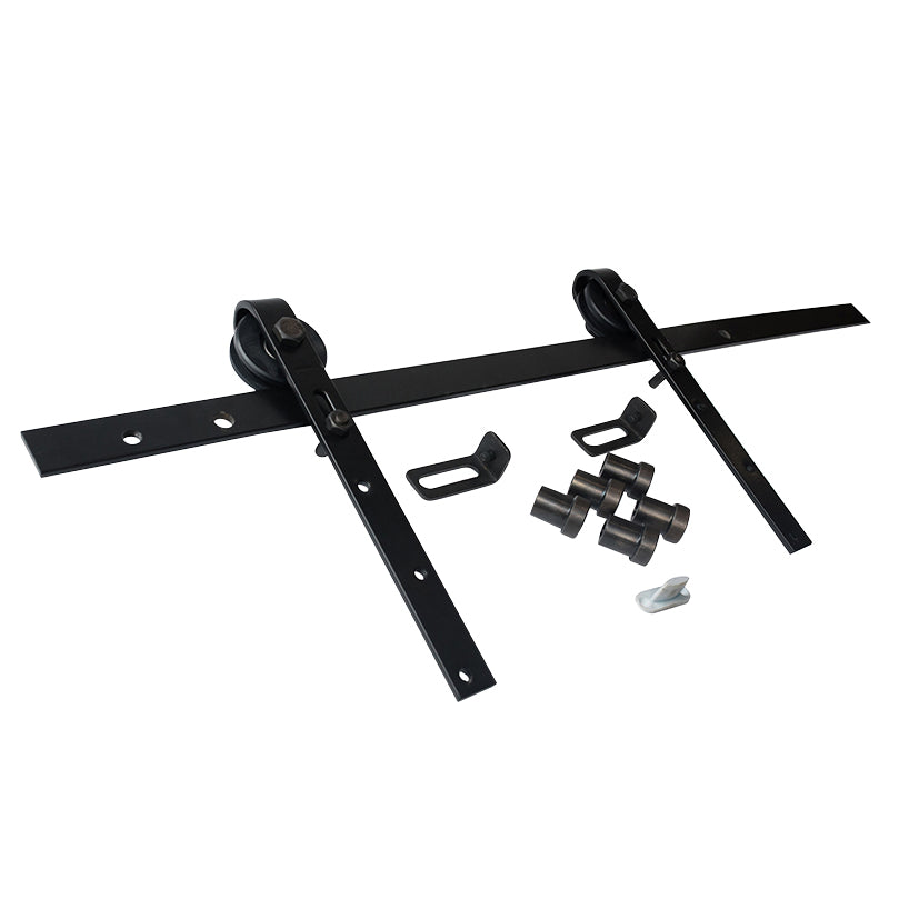 Kit completo de herrajes rústicos Estebro con poleas de nylon, guía negra y accesorios para puerta corredera.