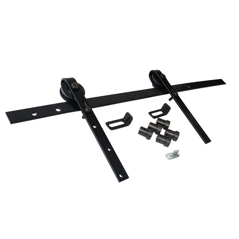 Kit completo de herrajes rústicos Estebro con poleas de nylon, guía negra y accesorios para puerta corredera.